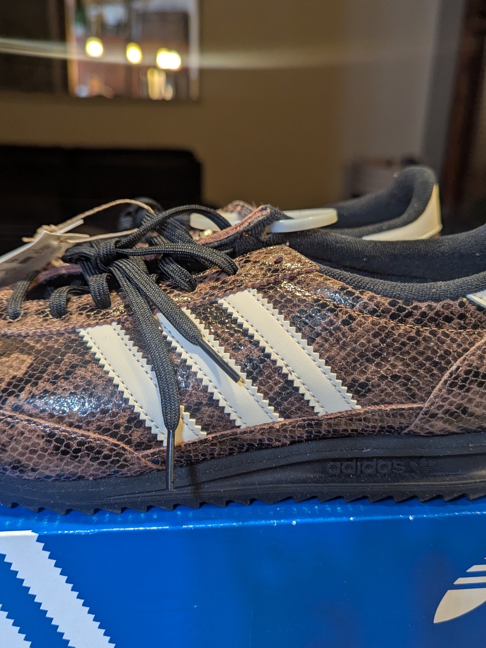 adidas Women’s Brown Snake-Print Athletic Sneakers with White Stripes